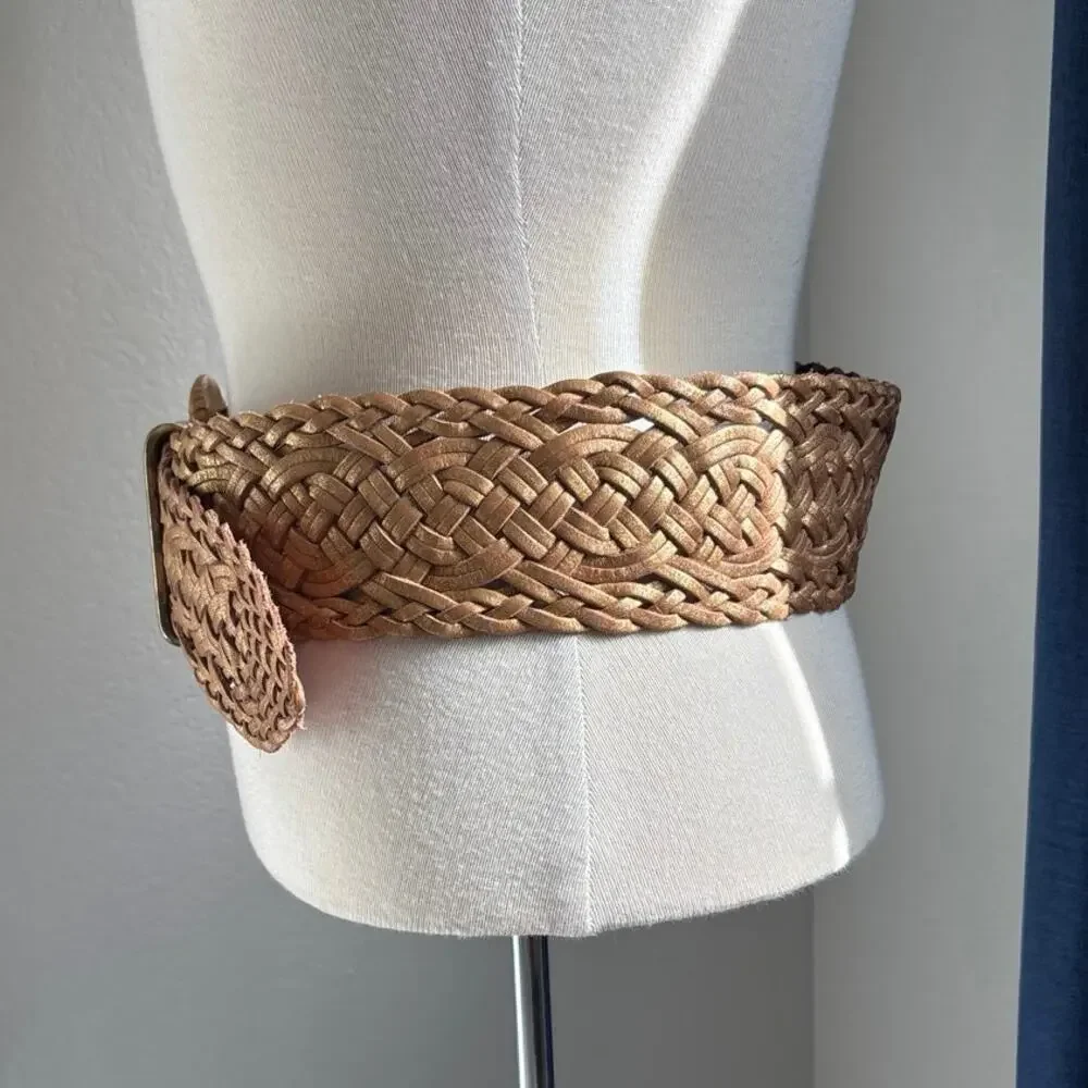 Linea Pelle Gold Metallic Woven Braided Leather Belt Size Small